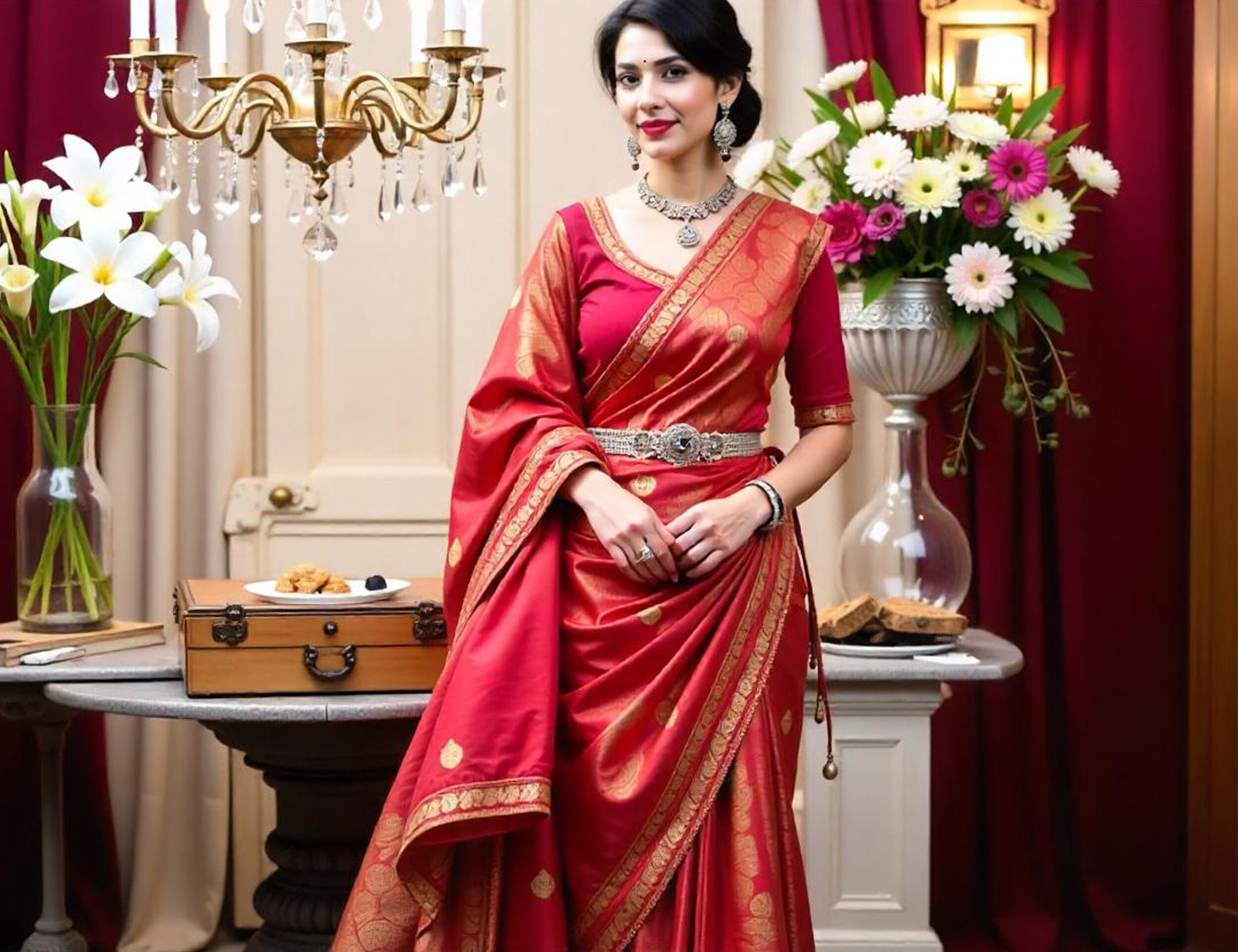 Woman dressed in a stunning Bengali saree, complemented by a sophisticated silver jewelry set.